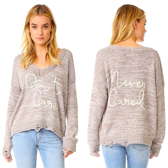 Wildfox Gray Dont Care Never Cared Distressed V Neck Sweater Large - Picture 1 of 11